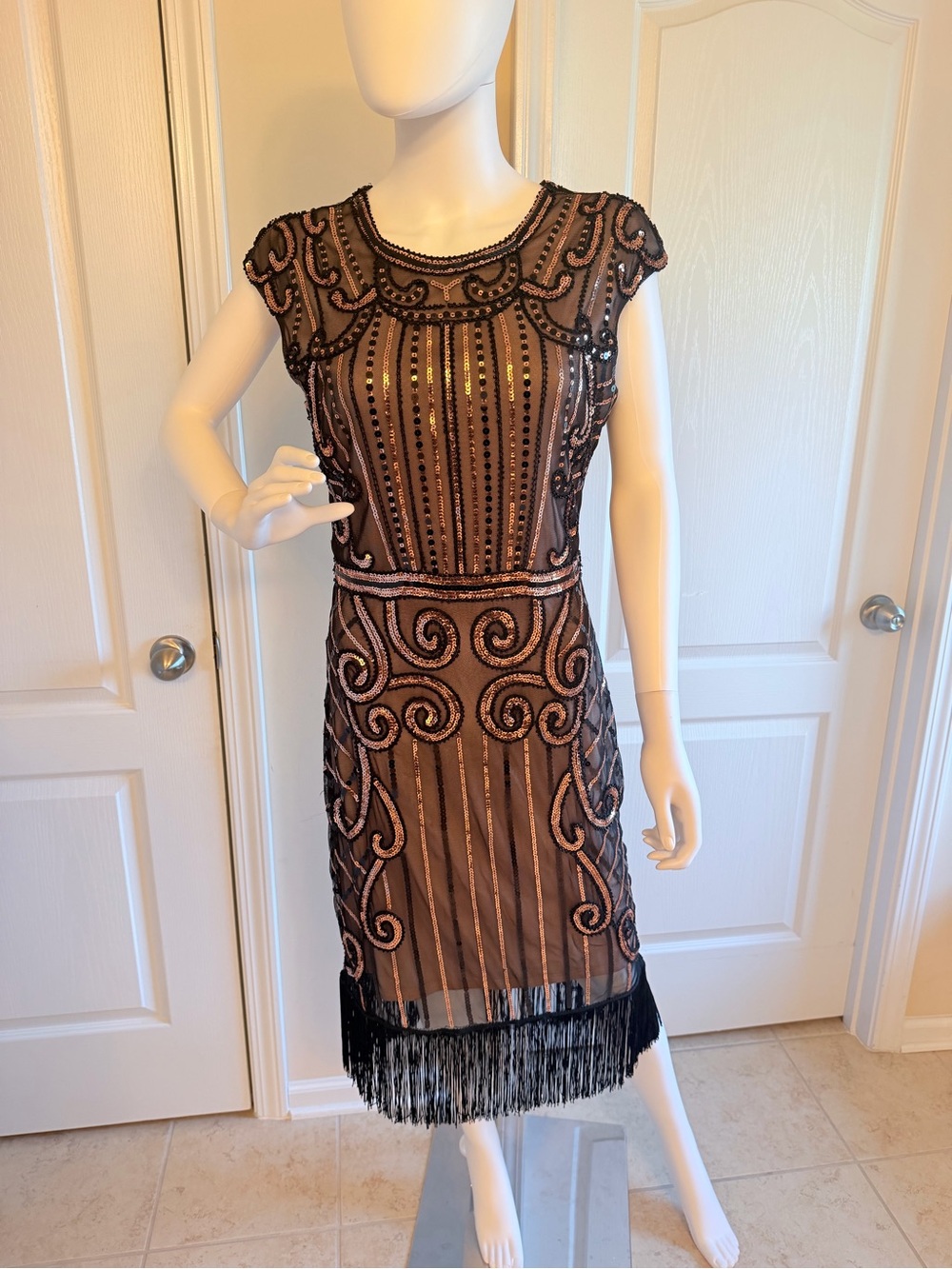 1920s Vintage Inspired Sequin Embellished Fringe Long Gatsby Flapper Dress M